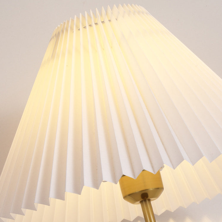 Traditional French Cylinder Cone Stripe Pleated Fabric Shade Solid Wood Metal 1-Light Table Lamp For Bedroom