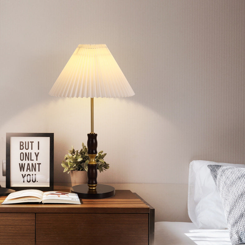 Traditional French Cylinder Cone Stripe Pleated Fabric Shade Solid Wood Metal 1-Light Table Lamp For Bedroom