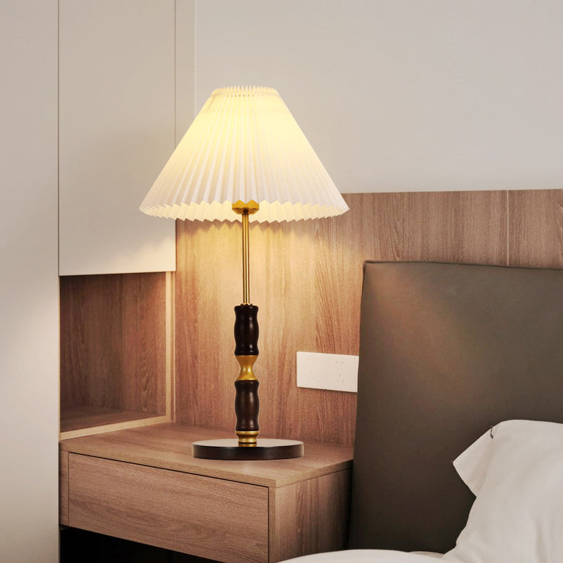 Traditional French Cylinder Cone Stripe Pleated Fabric Shade Solid Wood Metal 1-Light Table Lamp For Bedroom