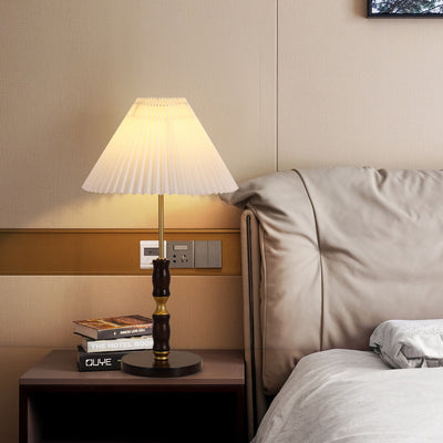 Traditional French Cylinder Cone Stripe Pleated Fabric Shade Solid Wood Metal 1-Light Table Lamp For Bedroom