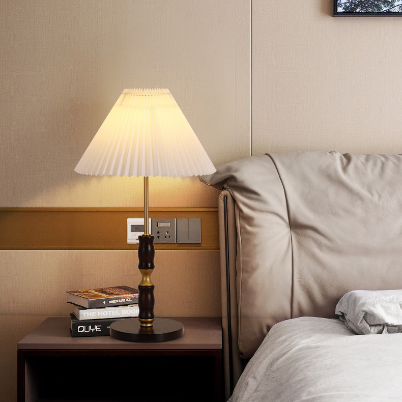 Traditional French Cylinder Cone Stripe Pleated Fabric Shade Solid Wood Metal 1-Light Table Lamp For Bedroom