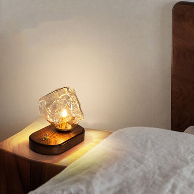 Modern Art Deco Solid Wood Oval Base Ice Cube Shape Glass Shade 1-Light Table Lamp For Bedroom