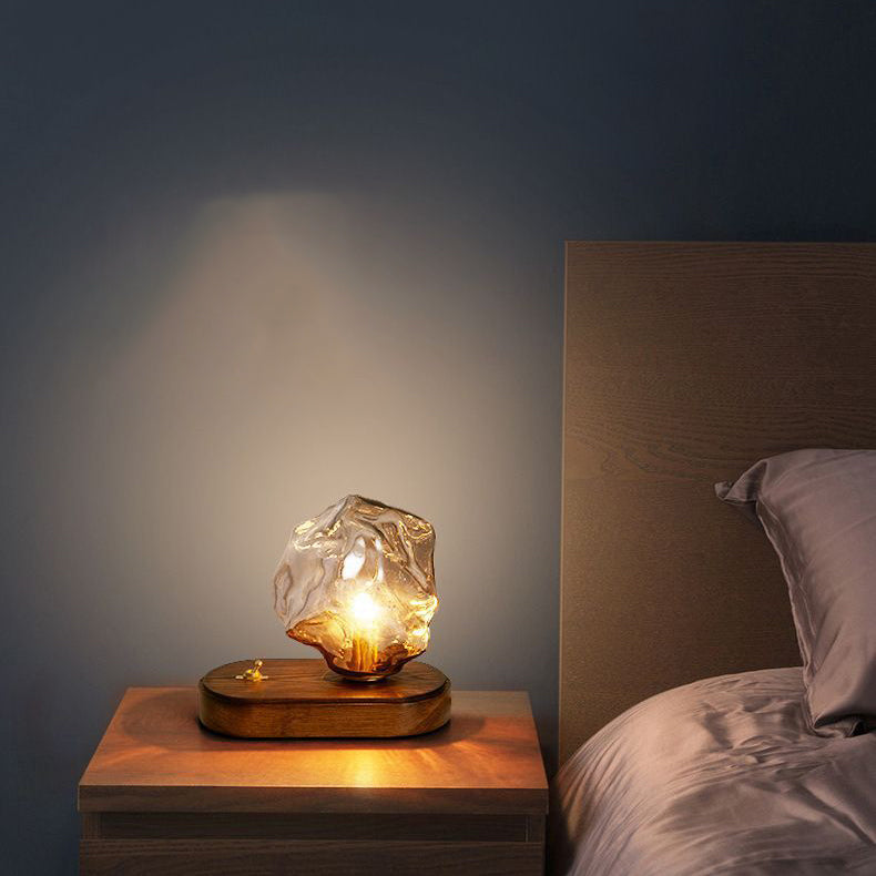 Modern Art Deco Solid Wood Oval Base Ice Cube Shape Glass Shade 1-Light Table Lamp For Bedroom