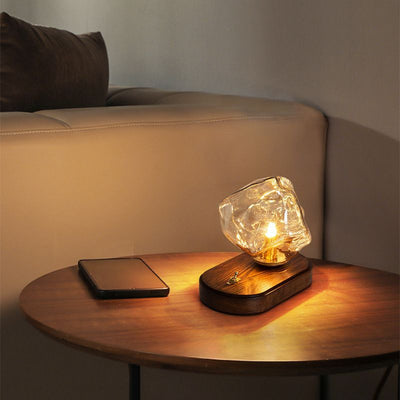 Modern Art Deco Solid Wood Oval Base Ice Cube Shape Glass Shade 1-Light Table Lamp For Bedroom