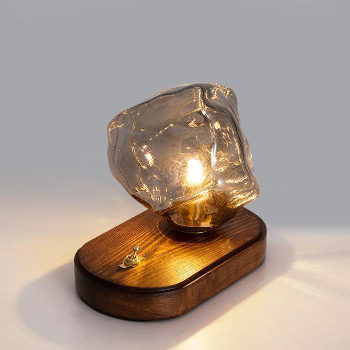 Modern Art Deco Solid Wood Oval Base Ice Cube Shape Glass Shade 1-Light Table Lamp For Bedroom