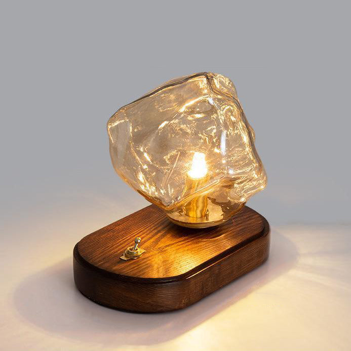 Modern Art Deco Solid Wood Oval Base Ice Cube Shape Glass Shade 1-Light Table Lamp For Bedroom