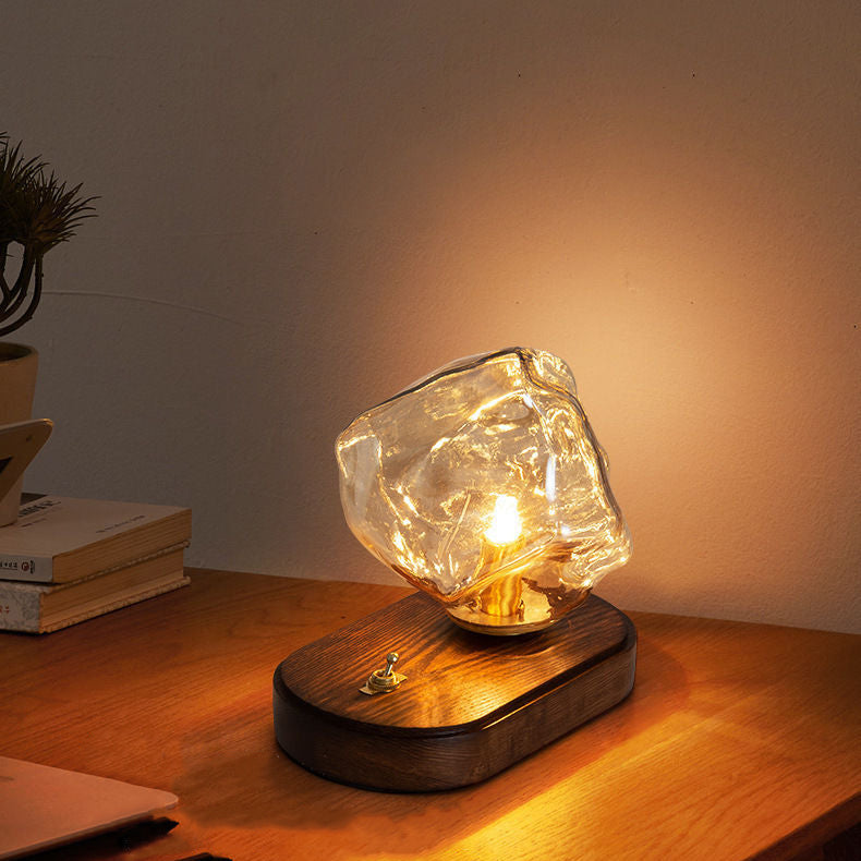Modern Art Deco Solid Wood Oval Base Ice Cube Shape Glass Shade 1-Light Table Lamp For Bedroom