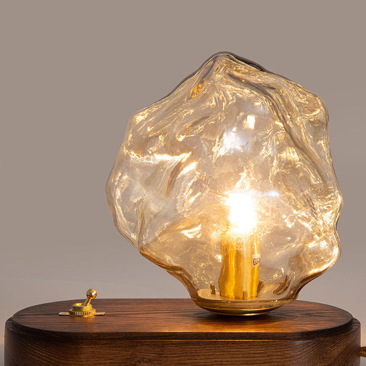 Modern Art Deco Solid Wood Oval Base Ice Cube Shape Glass Shade 1-Light Table Lamp For Bedroom