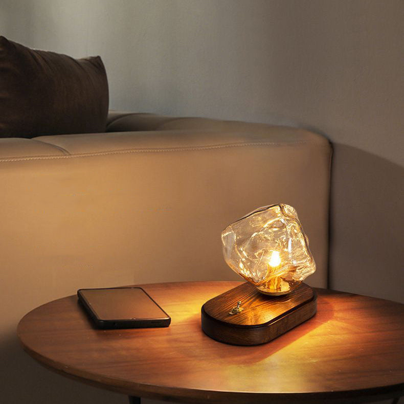 Modern Art Deco Solid Wood Oval Base Ice Cube Shape Glass Shade 1-Light Table Lamp For Bedroom