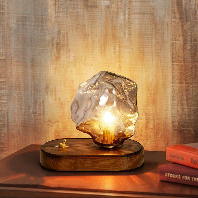 Modern Art Deco Solid Wood Oval Base Ice Cube Shape Glass Shade 1-Light Table Lamp For Bedroom