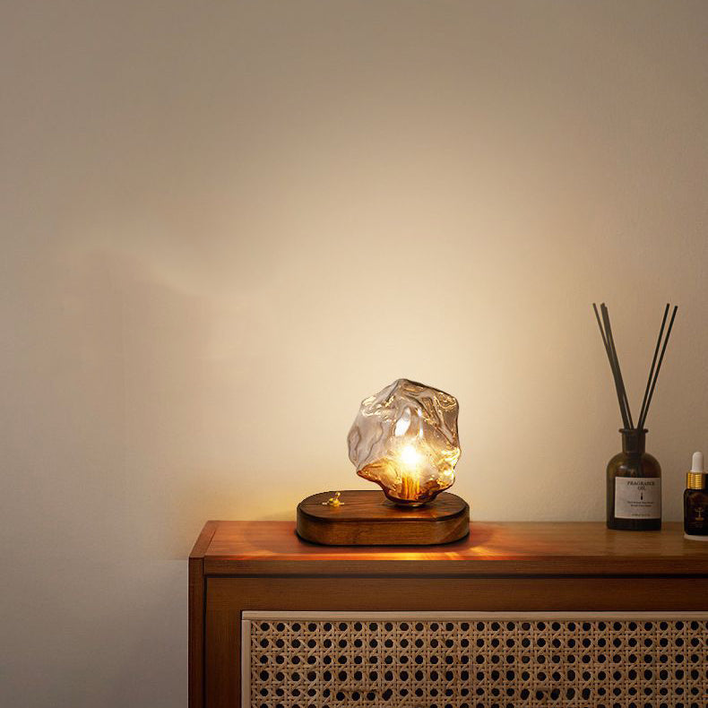 Modern Art Deco Solid Wood Oval Base Ice Cube Shape Glass Shade 1-Light Table Lamp For Bedroom
