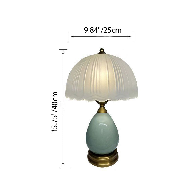 Lámpara de mesa de 1 luz con base de cerámica en forma de lágrima y pantalla de vidrio en forma de cúpula media redonda de encaje europeo tradicional para dormitorio 