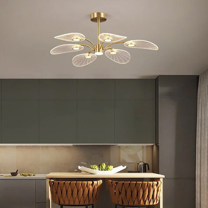 Contemporary Scandinavian Iron Round Branch Leaf Acrylic LED Semi-Flush Mount Ceiling Light For Bedroom