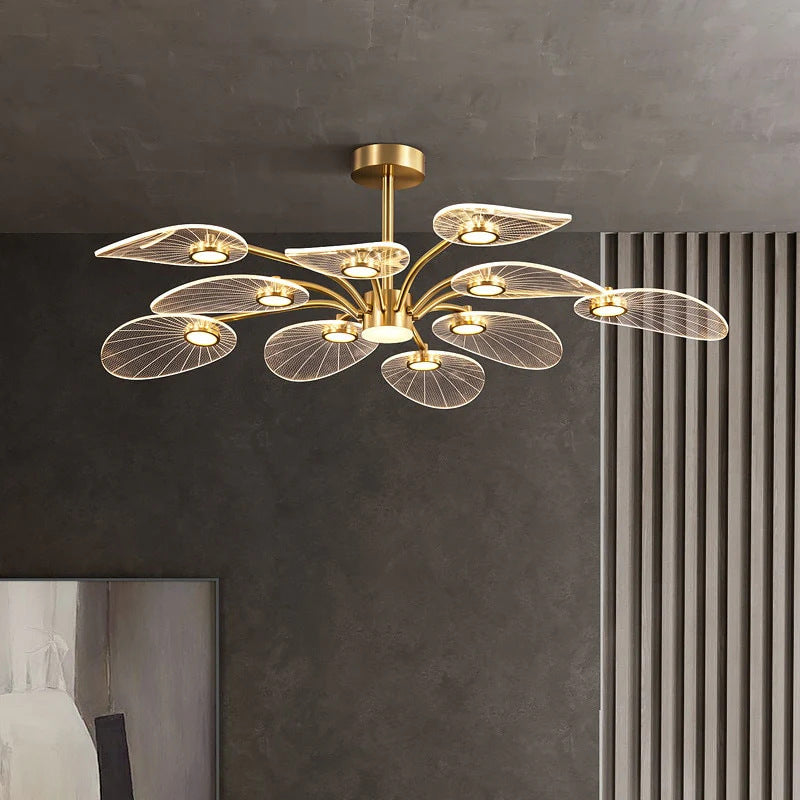 Contemporary Scandinavian Iron Round Branch Leaf Acrylic LED Semi-Flush Mount Ceiling Light For Bedroom