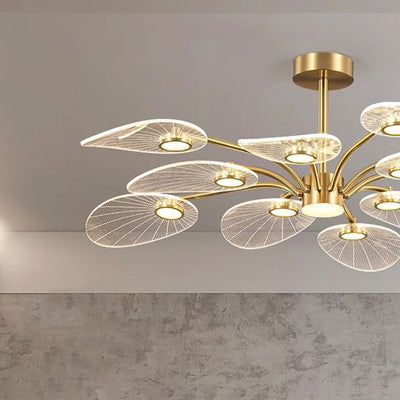 Contemporary Scandinavian Iron Round Branch Leaf Acrylic LED Semi-Flush Mount Ceiling Light For Bedroom