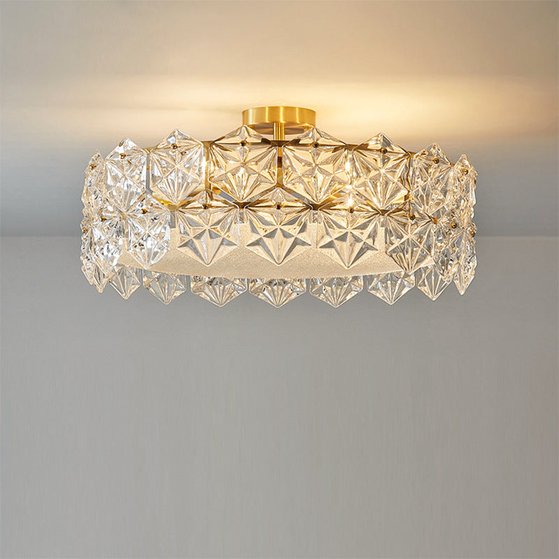 Traditional French Iron Glass Round 5/6/8-Light Semi-Flush Mount Ceiling Light For Living Room & Bedroom