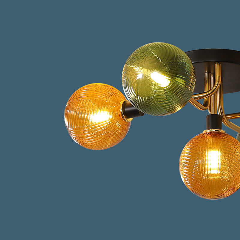 Contemporary Scandinavian Iron Glass Spherical 5/9-Light Semi-Flush Mount Ceiling Light For Living Room, Bedroom Or Entrance Hallway