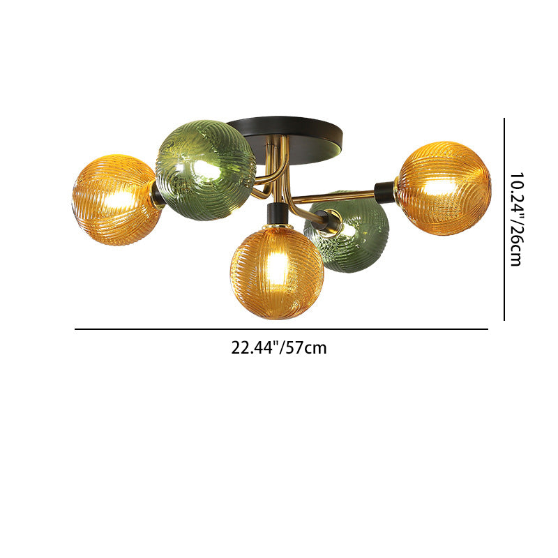 Contemporary Scandinavian Iron Glass Spherical 5/9-Light Semi-Flush Mount Ceiling Light For Living Room, Bedroom Or Entrance Hallway