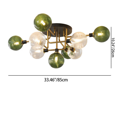 Contemporary Scandinavian Iron Glass Spherical 5/9-Light Semi-Flush Mount Ceiling Light For Living Room, Bedroom Or Entrance Hallway