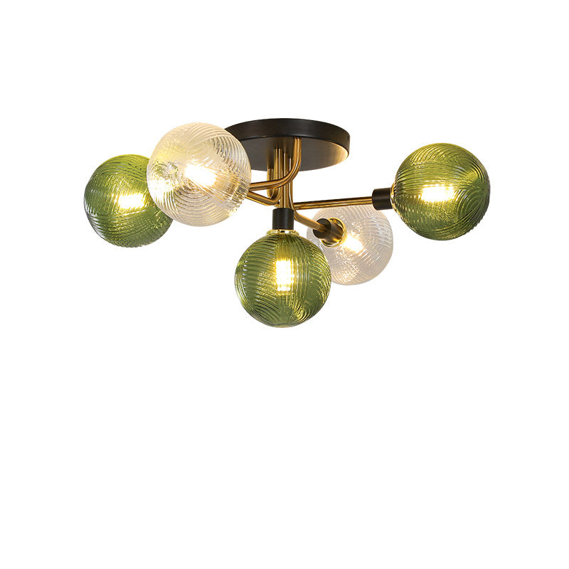 Contemporary Scandinavian Iron Glass Spherical 5/9-Light Semi-Flush Mount Ceiling Light For Living Room, Bedroom Or Entrance Hallway