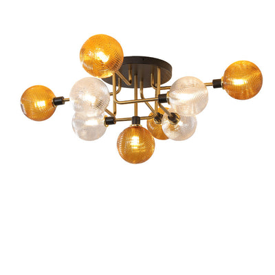 Contemporary Scandinavian Iron Glass Spherical 5/9-Light Semi-Flush Mount Ceiling Light For Living Room, Bedroom Or Entrance Hallway
