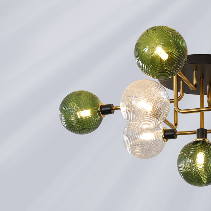 Contemporary Scandinavian Iron Glass Spherical 5/9-Light Semi-Flush Mount Ceiling Light For Living Room, Bedroom Or Entrance Hallway
