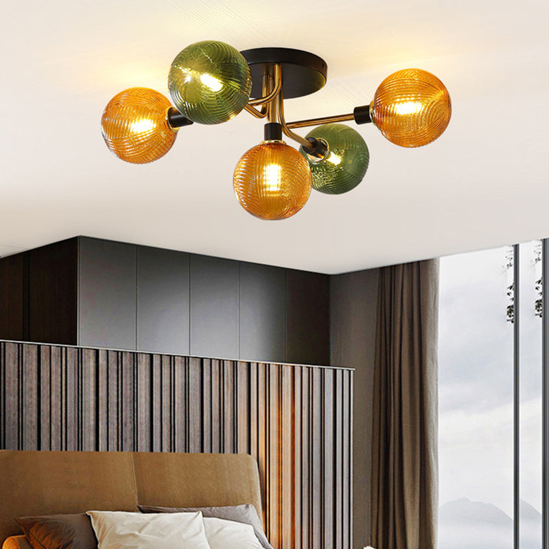 Contemporary Scandinavian Iron Glass Spherical 5/9-Light Semi-Flush Mount Ceiling Light For Living Room, Bedroom Or Entrance Hallway