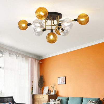 Contemporary Scandinavian Iron Glass Spherical 5/9-Light Semi-Flush Mount Ceiling Light For Living Room, Bedroom Or Entrance Hallway