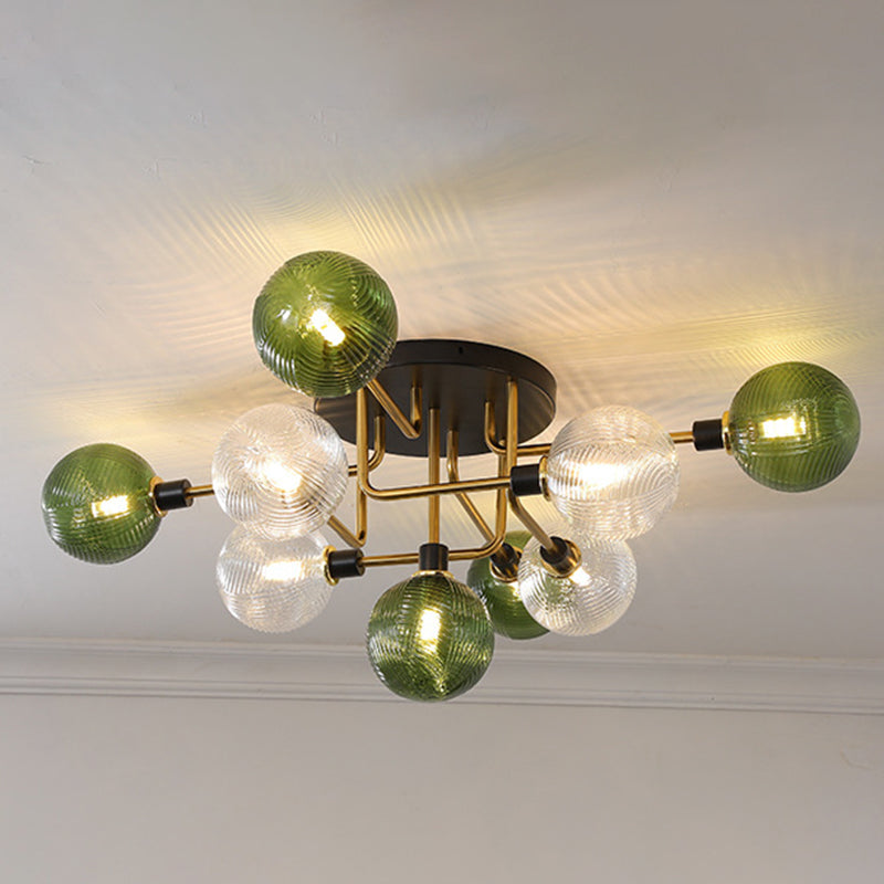Contemporary Scandinavian Iron Glass Spherical 5/9-Light Semi-Flush Mount Ceiling Light For Living Room, Bedroom Or Entrance Hallway