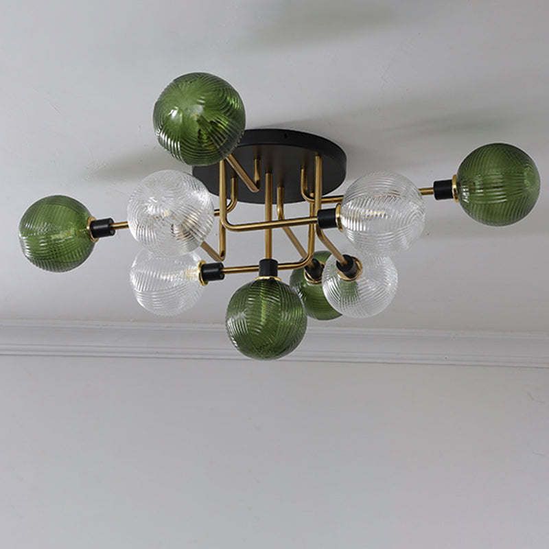 Contemporary Scandinavian Iron Glass Spherical 5/9-Light Semi-Flush Mount Ceiling Light For Living Room, Bedroom Or Entrance Hallway