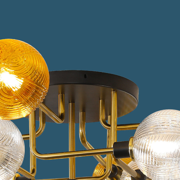 Contemporary Scandinavian Iron Glass Spherical 5/9-Light Semi-Flush Mount Ceiling Light For Living Room, Bedroom Or Entrance Hallway