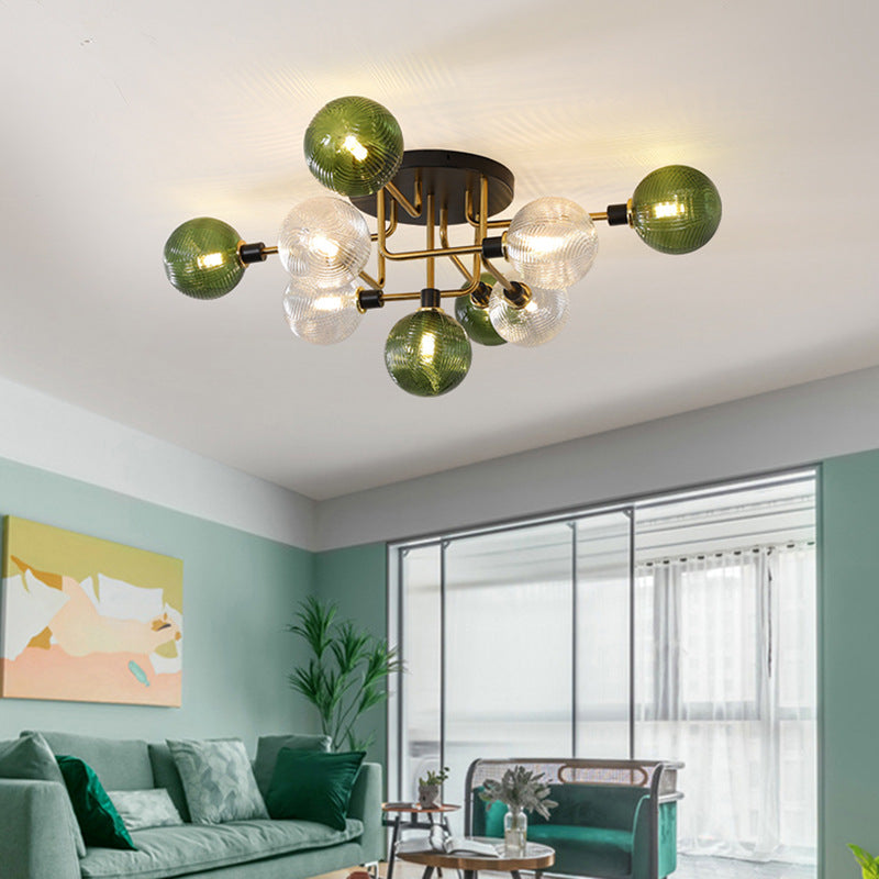 Contemporary Scandinavian Iron Glass Spherical 5/9-Light Semi-Flush Mount Ceiling Light For Living Room, Bedroom Or Entrance Hallway