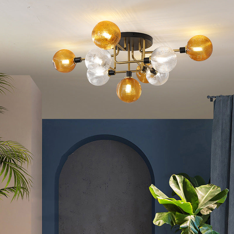 Contemporary Scandinavian Iron Glass Spherical 5/9-Light Semi-Flush Mount Ceiling Light For Living Room, Bedroom Or Entrance Hallway
