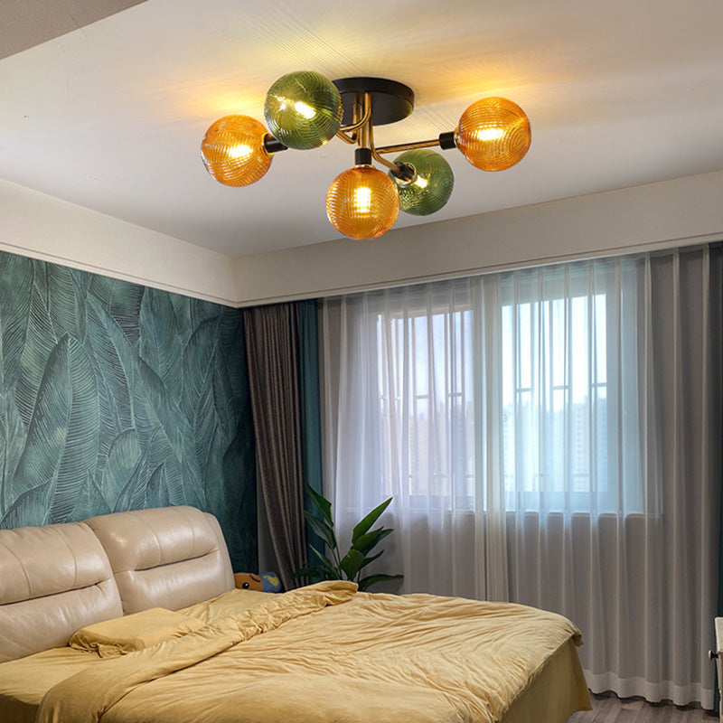 Contemporary Scandinavian Iron Glass Spherical 5/9-Light Semi-Flush Mount Ceiling Light For Living Room, Bedroom Or Entrance Hallway