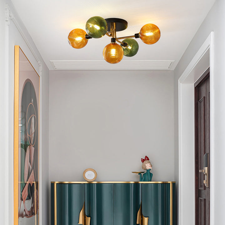 Contemporary Scandinavian Iron Glass Spherical 5/9-Light Semi-Flush Mount Ceiling Light For Living Room, Bedroom Or Entrance Hallway