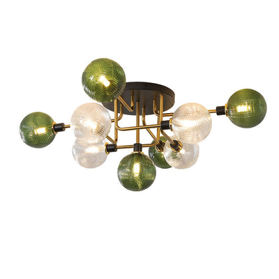 Contemporary Scandinavian Iron Glass Spherical 5/9-Light Semi-Flush Mount Ceiling Light For Living Room, Bedroom Or Entrance Hallway