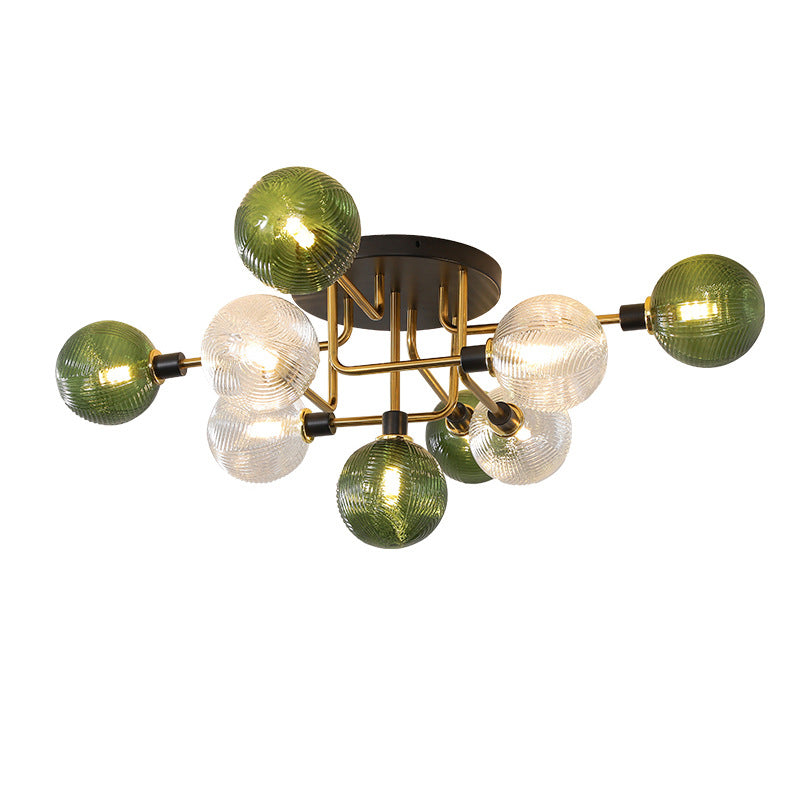 Contemporary Scandinavian Iron Glass Spherical 5/9-Light Semi-Flush Mount Ceiling Light For Living Room, Bedroom Or Entrance Hallway