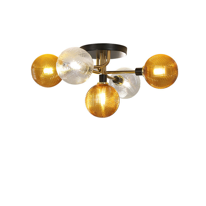 Contemporary Scandinavian Iron Glass Spherical 5/9-Light Semi-Flush Mount Ceiling Light For Living Room, Bedroom Or Entrance Hallway