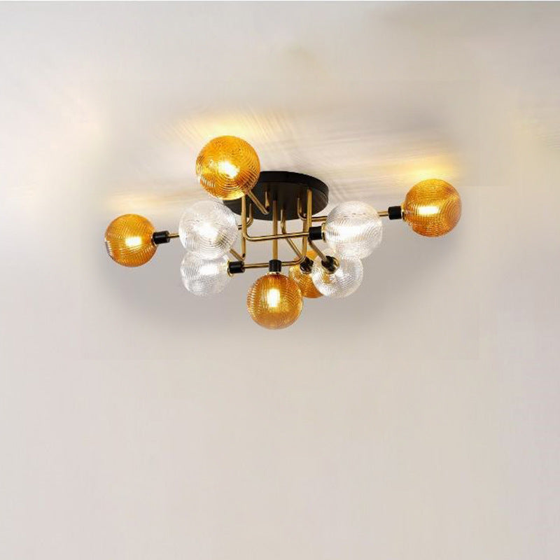 Contemporary Scandinavian Iron Glass Spherical 5/9-Light Semi-Flush Mount Ceiling Light For Living Room, Bedroom Or Entrance Hallway