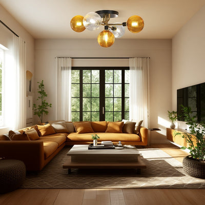 Contemporary Scandinavian Iron Glass Spherical 5/9-Light Semi-Flush Mount Ceiling Light For Living Room, Bedroom Or Entrance Hallway