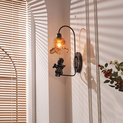 Traditional French Iron Resin Glass Petal-Shaped 1-Light Wall Sconce Lamp For Hallway Or Bedroom