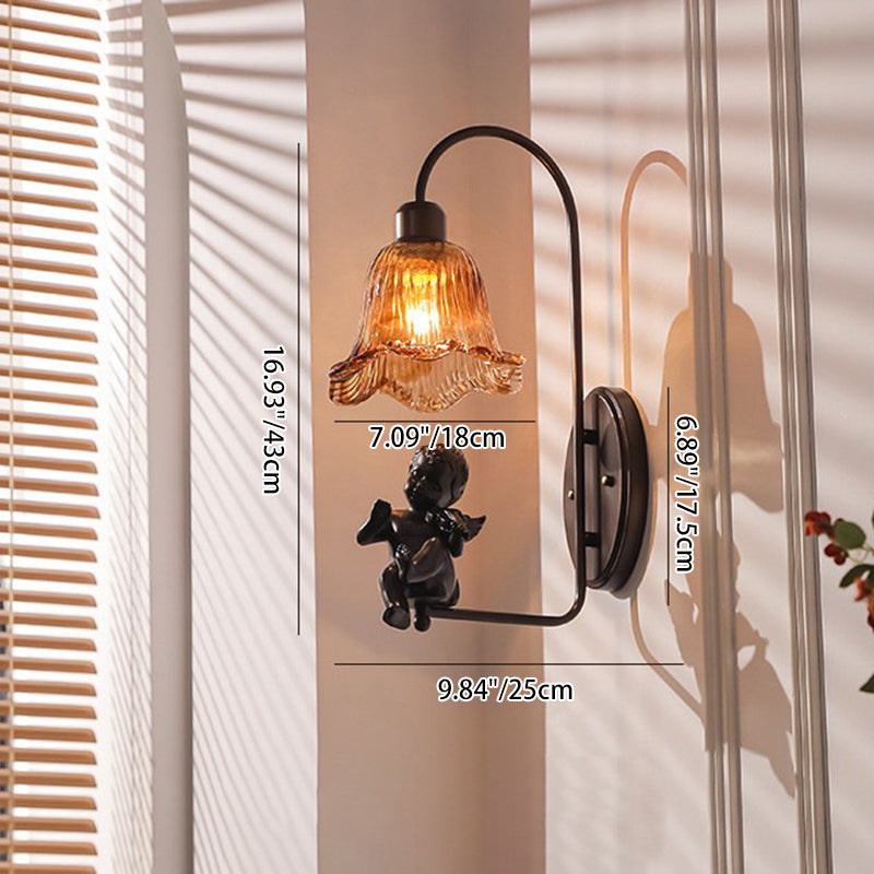 Traditional French Iron Resin Glass Petal-Shaped 1-Light Wall Sconce Lamp For Hallway Or Bedroom