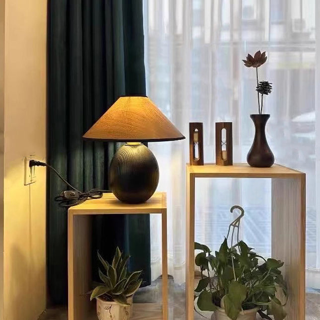 Traditional Vintage Round Conical Jar Base Solid Wood 1-Light Table Lamp For Bedroom