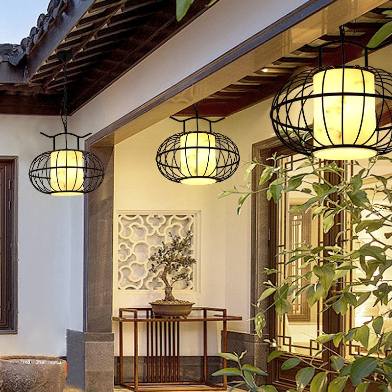 Suspension Luminaire Traditionnel Chinois Rond en Résine et Fer à 1 Lumière pour Jardin 