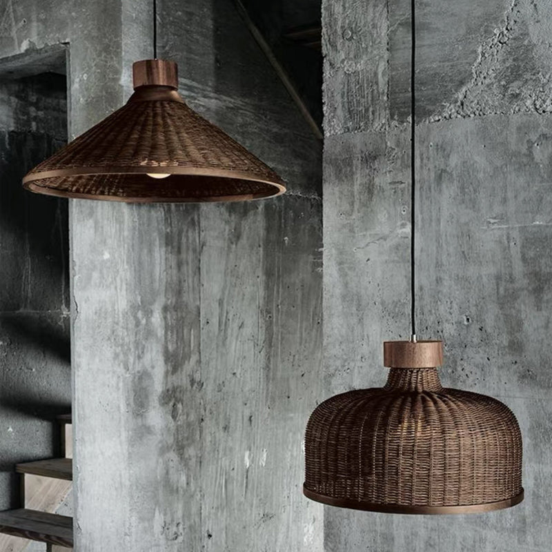 Traditionelle chinesische Trommel Rattan Eisen 1-Licht Pendelleuchte für Wohnzimmer 