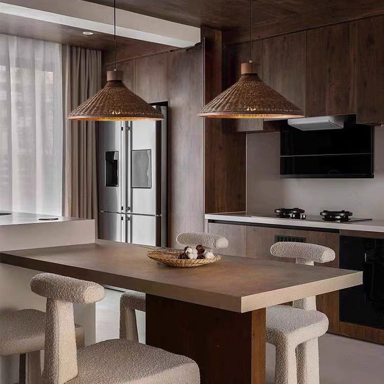 Traditionelle chinesische Trommel Rattan Eisen 1-Licht Pendelleuchte für Wohnzimmer 