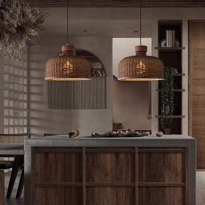 Traditionelle chinesische Trommel Rattan Eisen 1-Licht Pendelleuchte für Wohnzimmer 