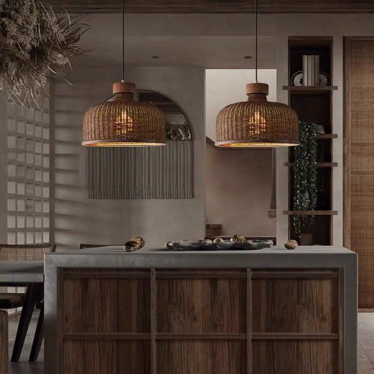 Traditionelle chinesische Trommel Rattan Eisen 1-Licht Pendelleuchte für Wohnzimmer 