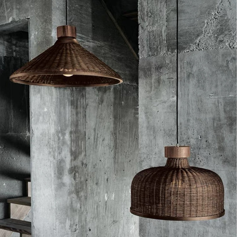 Traditionelle chinesische Trommel Rattan Eisen 1-Licht Pendelleuchte für Wohnzimmer 