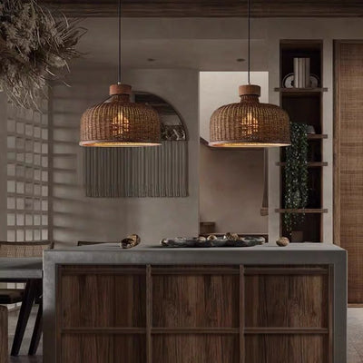 Traditionelle chinesische Trommel Rattan Eisen 1-Licht Pendelleuchte für Wohnzimmer 